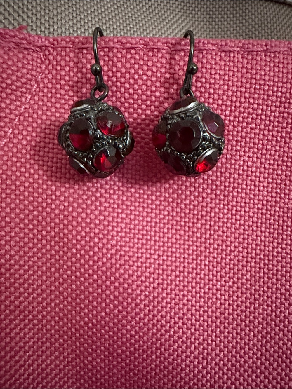 Red stone and silver ball dangle earrings